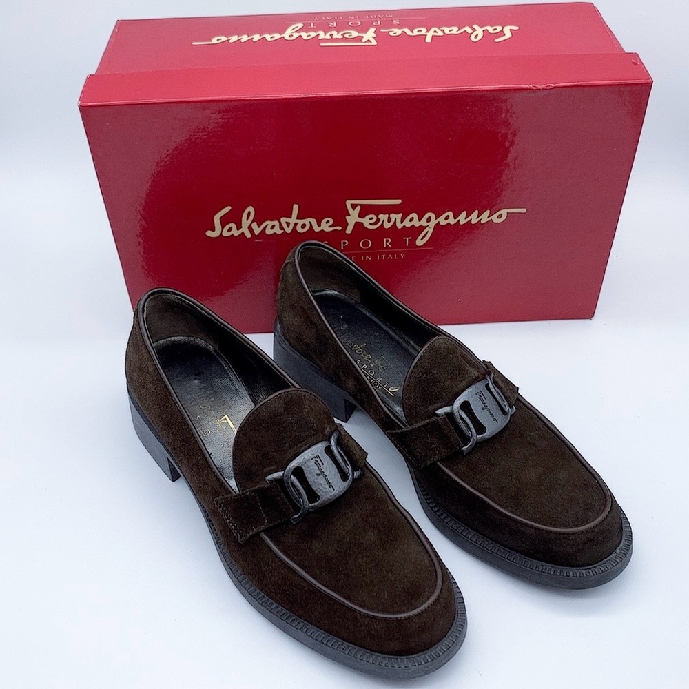 Salvatore Ferragamo Buckle Brown Suede Loafers